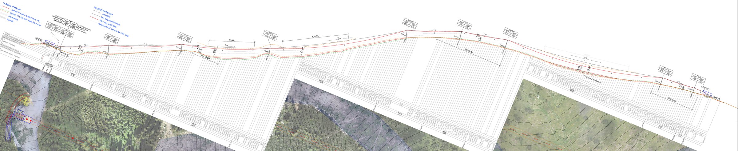 Longitudinal profile and site plan of a re-installed chairlift, calculated with ROPES LINEX